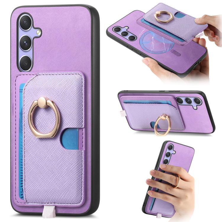 

For Samsung Galaxy S24 FE 5G Retro Cross Leather Ring Side Insert Card Bag MagSafe Phone Case(Purple)