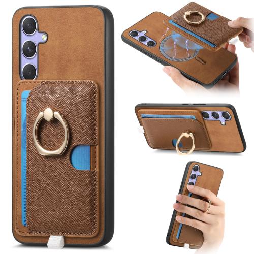 

For Samsung Galaxy S24 FE 5G Retro Cross Leather Ring Side Insert Card Bag MagSafe Phone Case(Brown)