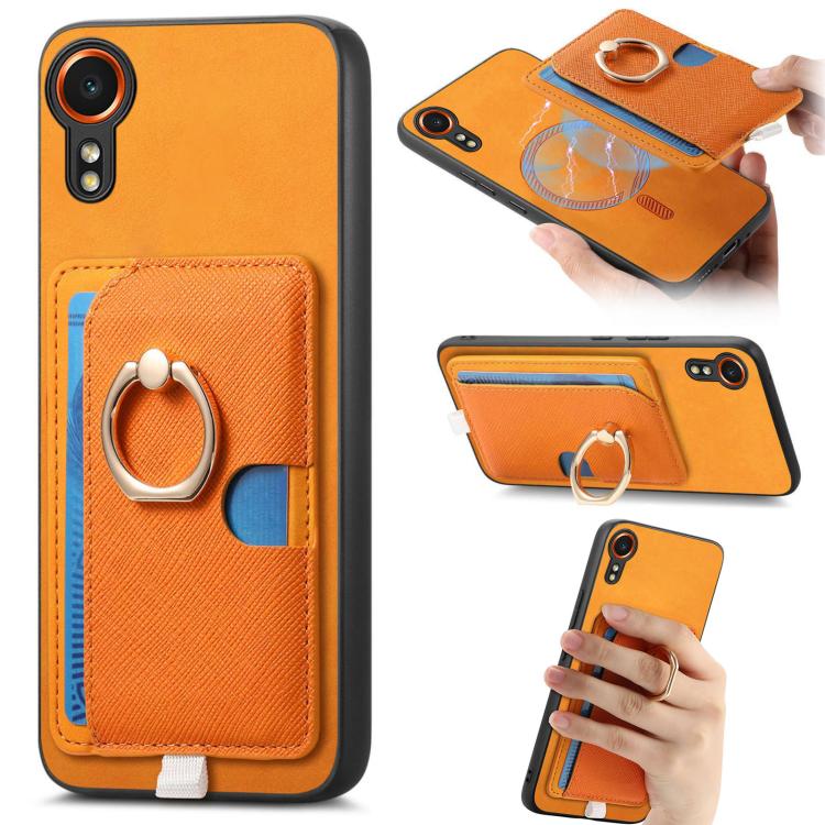 

For Samsung Galaxy XCover 7 Retro Cross Leather Ring Side Insert Card Bag MagSafe Phone Case(Yellow)