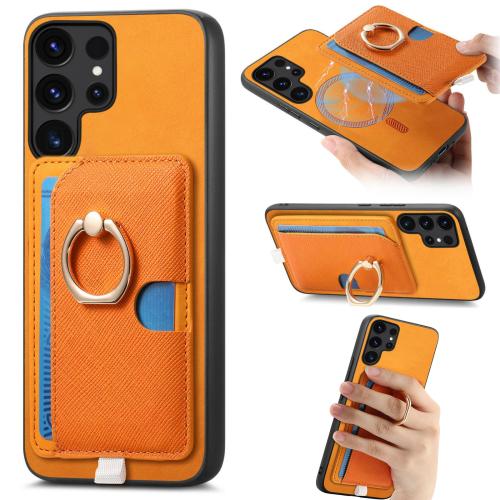 

For Samsung Galaxy S24 Ultra 5G Retro Cross Leather Ring Side Insert Card Bag MagSafe Phone Case(Yellow)