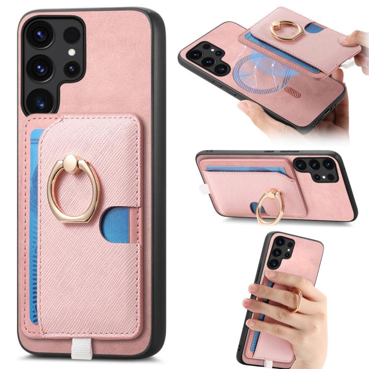 

For Samsung Galaxy S24 Ultra 5G Retro Cross Leather Ring Side Insert Card Bag MagSafe Phone Case(Pink)