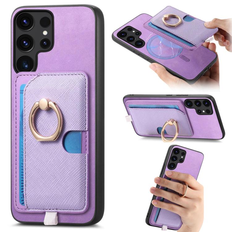 

For Samsung Galaxy S24 Ultra 5G Retro Cross Leather Ring Side Insert Card Bag MagSafe Phone Case(Purple)