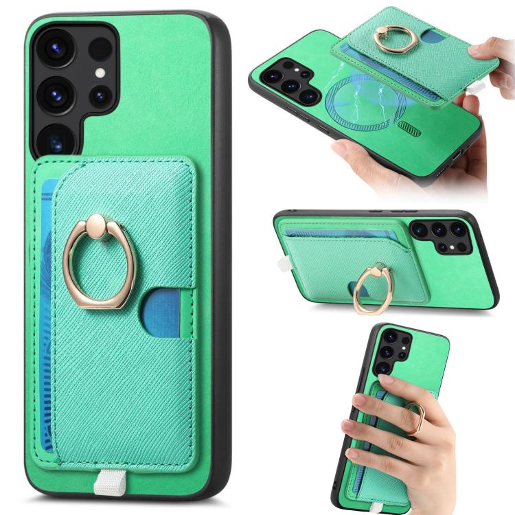 

For Samsung Galaxy S24 Ultra 5G Retro Cross Leather Ring Side Insert Card Bag MagSafe Phone Case(Green)