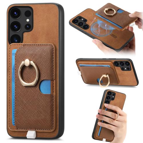 

For Samsung Galaxy S24 Ultra 5G Retro Cross Leather Ring Side Insert Card Bag MagSafe Phone Case(Brown)