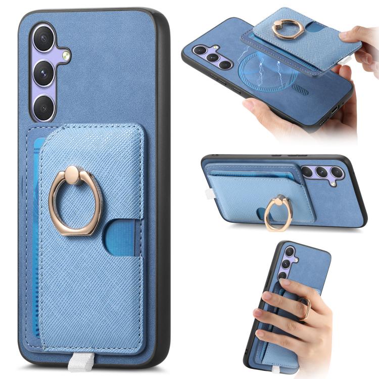 

For Samsung Galaxy S24+ 5G Retro Cross Leather Ring Side Insert Card Bag MagSafe Phone Case(Blue)