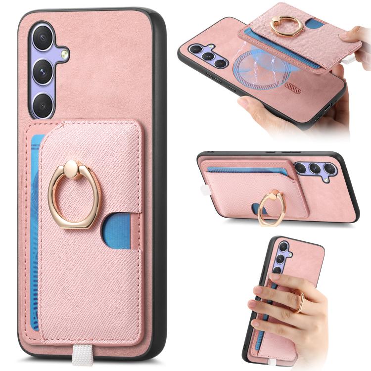 

For Samsung Galaxy S23 FE 5G Retro Cross Leather Ring Side Insert Card Bag MagSafe Phone Case(Pink)