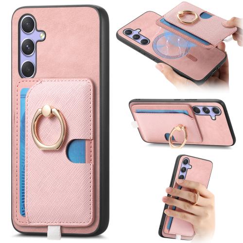 

For Samsung Galaxy A34 5G Retro Cross Leather Ring Side Insert Card Bag MagSafe Phone Case(Pink)