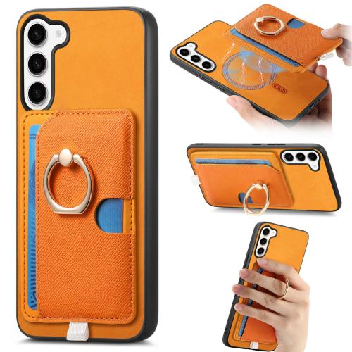 

For Samsung Galaxy S23+ 5G Retro Cross Leather Ring Side Insert Card Bag MagSafe Phone Case(Yellow)