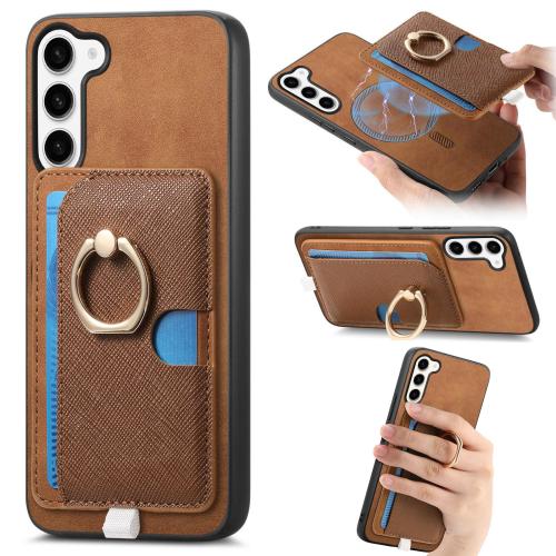 

For Samsung Galaxy S23+ 5G Retro Cross Leather Ring Side Insert Card Bag MagSafe Phone Case(Brown)