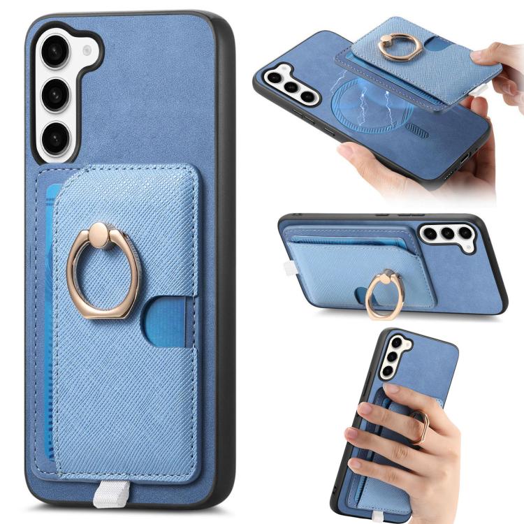 

For Samsung Galaxy S23 5G Retro Cross Leather Ring Side Insert Card Bag MagSafe Phone Case(Blue)