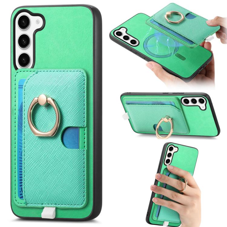 

For Samsung Galaxy S23 5G Retro Cross Leather Ring Side Insert Card Bag MagSafe Phone Case(Green)
