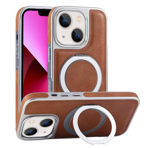 

For iPhone 13 Plated Leather Grain Rotation MagSafe Holder Phone Case(Brown)