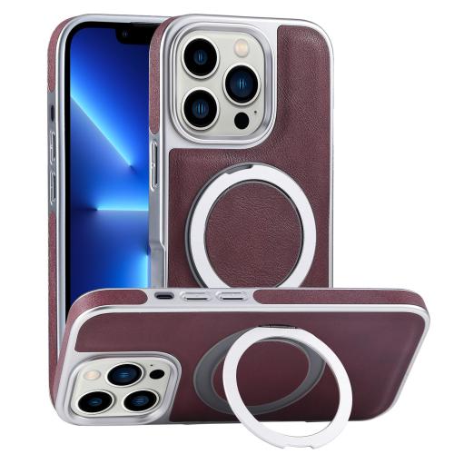 

For iPhone 13 Pro Plated Leather Grain Rotation MagSafe Holder Phone Case(Dark Red)