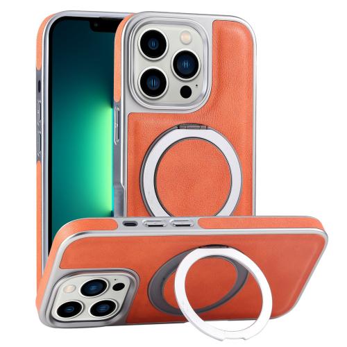 

For iPhone 13 Pro Max Plated Leather Grain Rotation MagSafe Holder Phone Case(Orange)