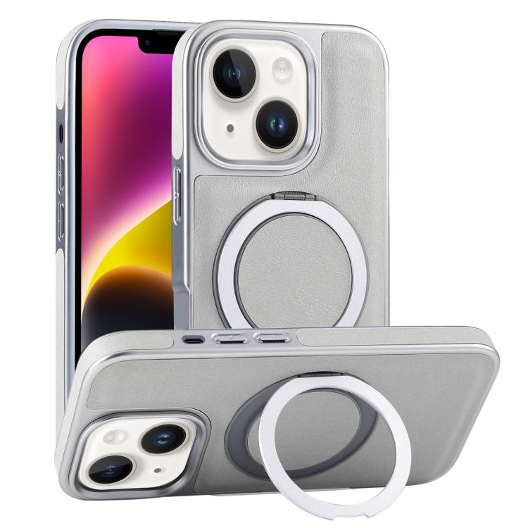 

For iPhone 14 Plated Leather Grain Rotation MagSafe Holder Phone Case(Grayish Green)