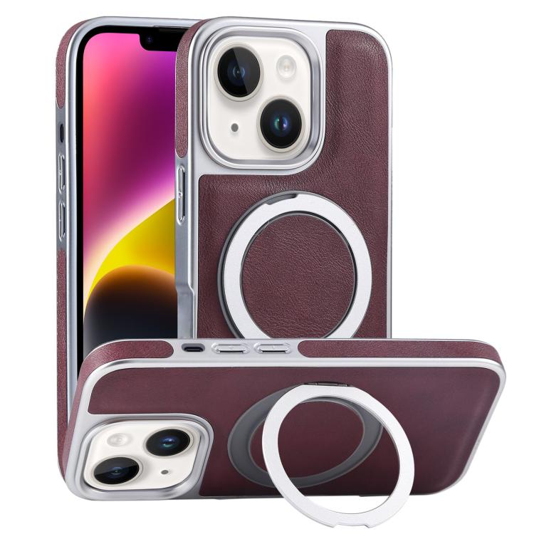 

For iPhone 14 Plated Leather Grain Rotation MagSafe Holder Phone Case(Dark Red)