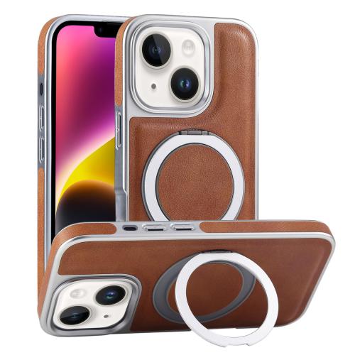 

For iPhone 14 Plated Leather Grain Rotation MagSafe Holder Phone Case(Brown)