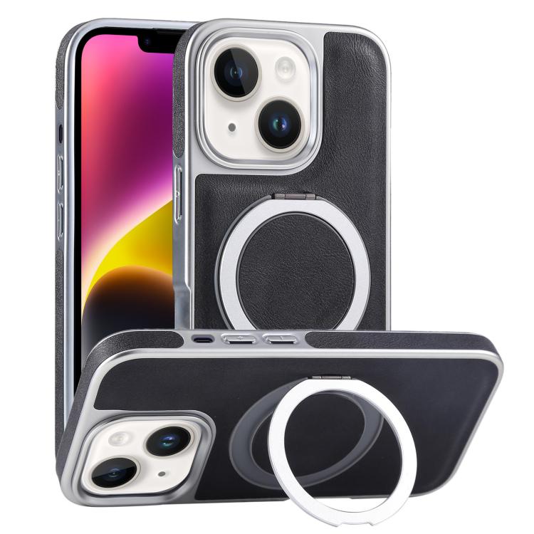 

For iPhone 14 Plated Leather Grain Rotation MagSafe Holder Phone Case(Black)