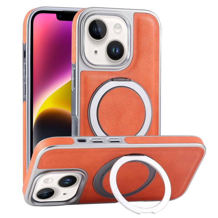 

For iPhone 14 Plus Plated Leather Grain Rotation MagSafe Holder Phone Case(Orange)
