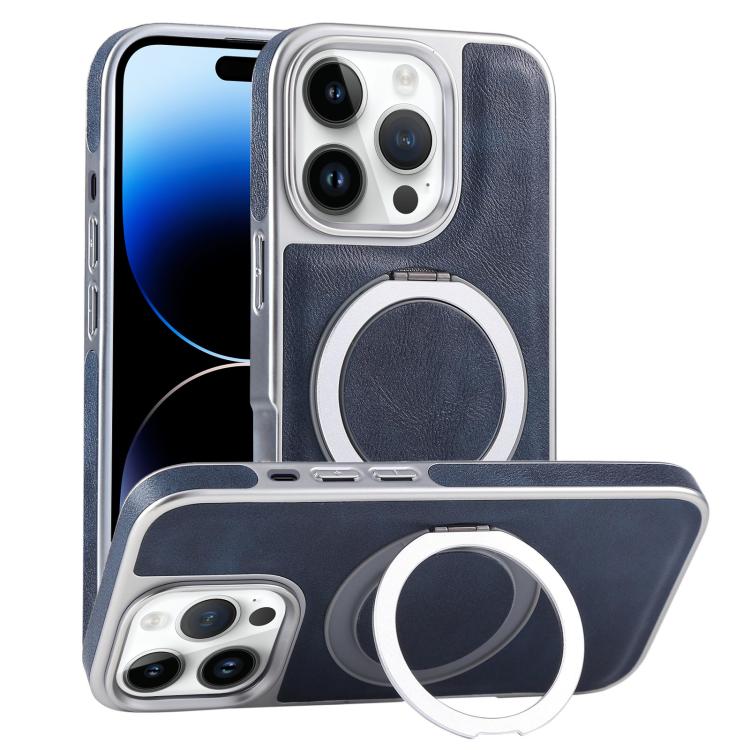 

For iPhone 14 Pro Plated Leather Grain Rotation MagSafe Holder Phone Case(Blue)