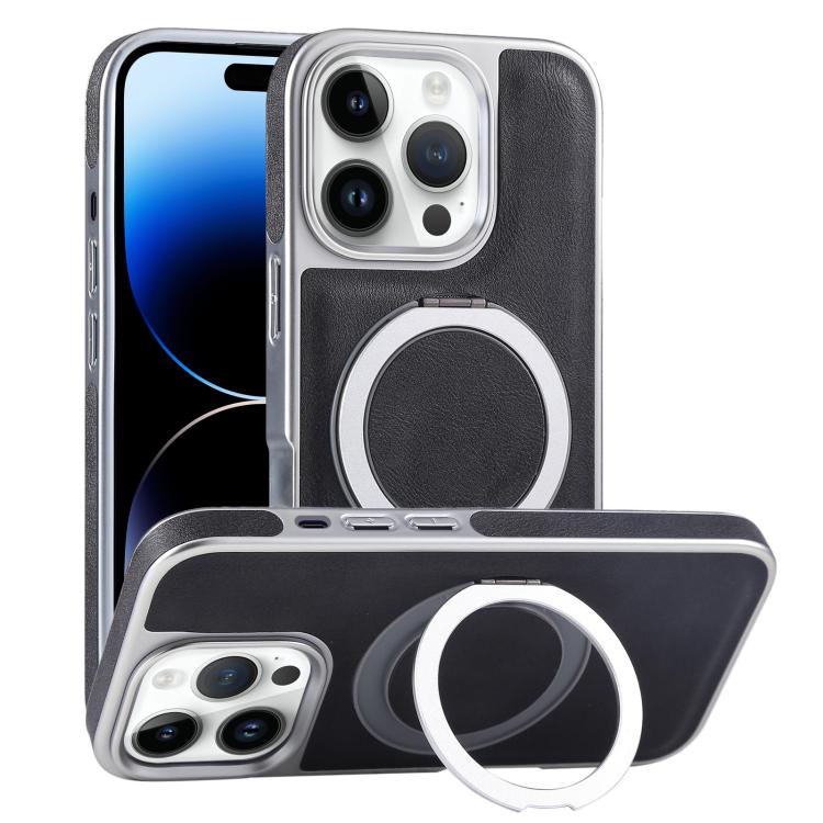 

For iPhone 14 Pro Plated Leather Grain Rotation MagSafe Holder Phone Case(Black)
