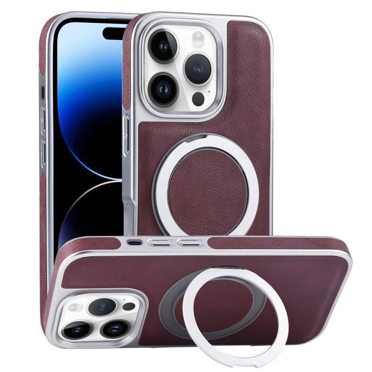 

For iPhone 14 Pro Max Plated Leather Grain Rotation MagSafe Holder Phone Case(Dark Red)