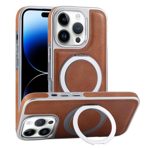 

For iPhone 14 Pro Max Plated Leather Grain Rotation MagSafe Holder Phone Case(Brown)