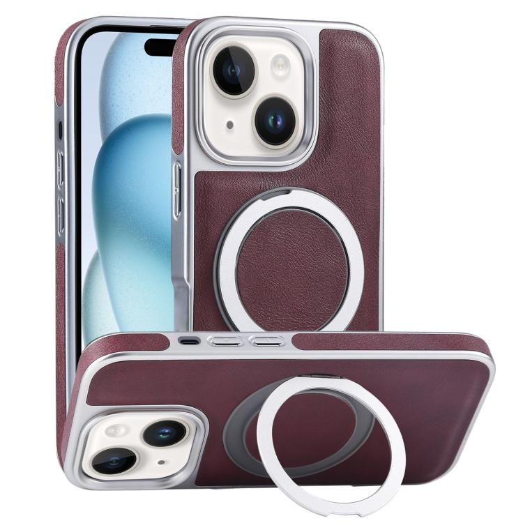 

For iPhone 15 Plated Leather Grain Rotation MagSafe Holder Phone Case(Dark Red)