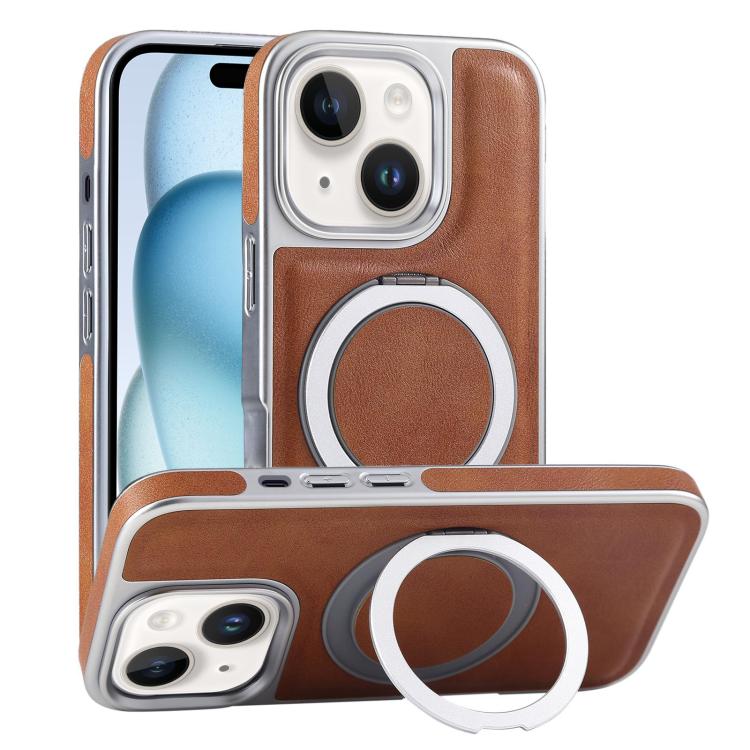 

For iPhone 15 Plus Plated Leather Grain Rotation MagSafe Holder Phone Case(Brown)