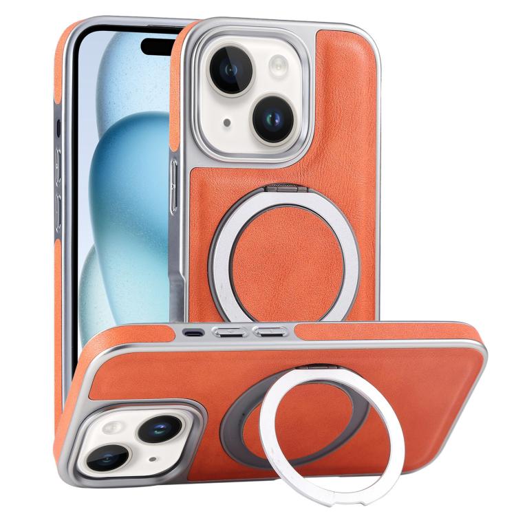 

For iPhone 15 Plus Plated Leather Grain Rotation MagSafe Holder Phone Case(Orange)