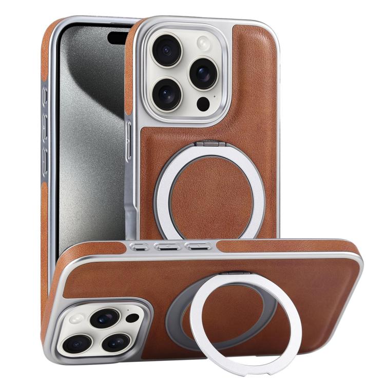 

For iPhone 15 Pro Plated Leather Grain Rotation MagSafe Holder Phone Case(Brown)