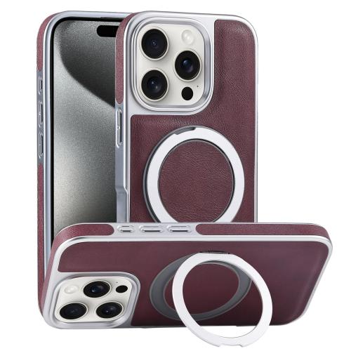 

For iPhone 15 Pro Max Plated Leather Grain Rotation MagSafe Holder Phone Case(Dark Red)