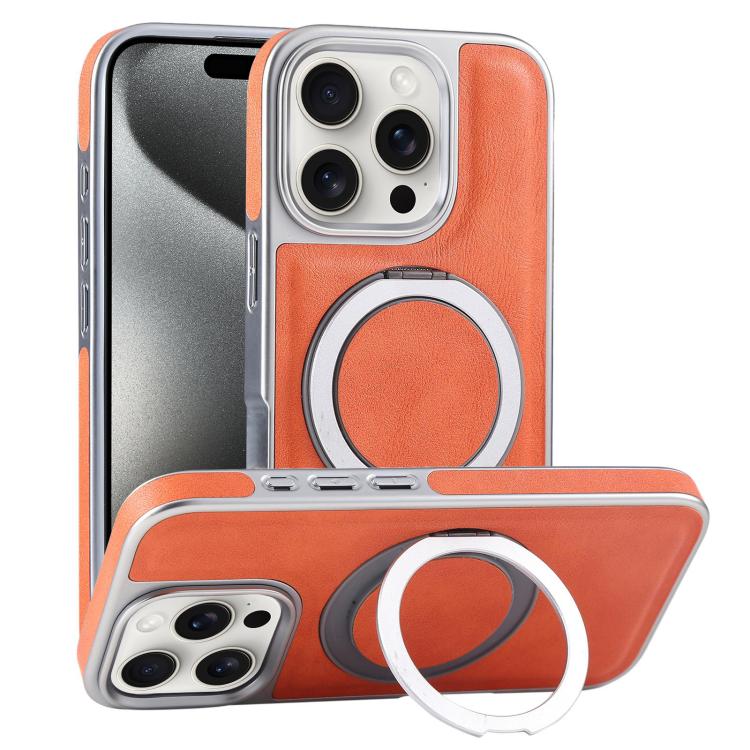 

For iPhone 15 Pro Max Plated Leather Grain Rotation MagSafe Holder Phone Case(Orange)