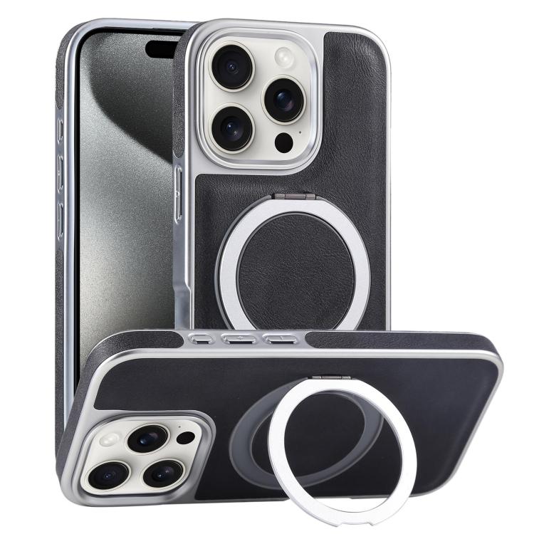 

For iPhone 15 Pro Max Plated Leather Grain Rotation MagSafe Holder Phone Case(Black)