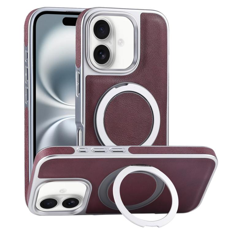 

For iPhone 16 Plus Plated Leather Grain Rotation MagSafe Holder Phone Case(Dark Red)