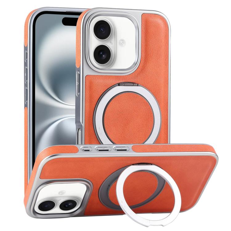 

For iPhone 16 Plus Plated Leather Grain Rotation MagSafe Holder Phone Case(Orange)