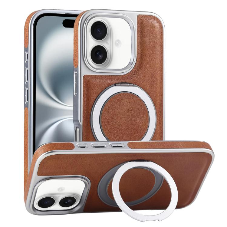 

For iPhone 16 Plated Leather Grain Rotation MagSafe Holder Phone Case(Brown)