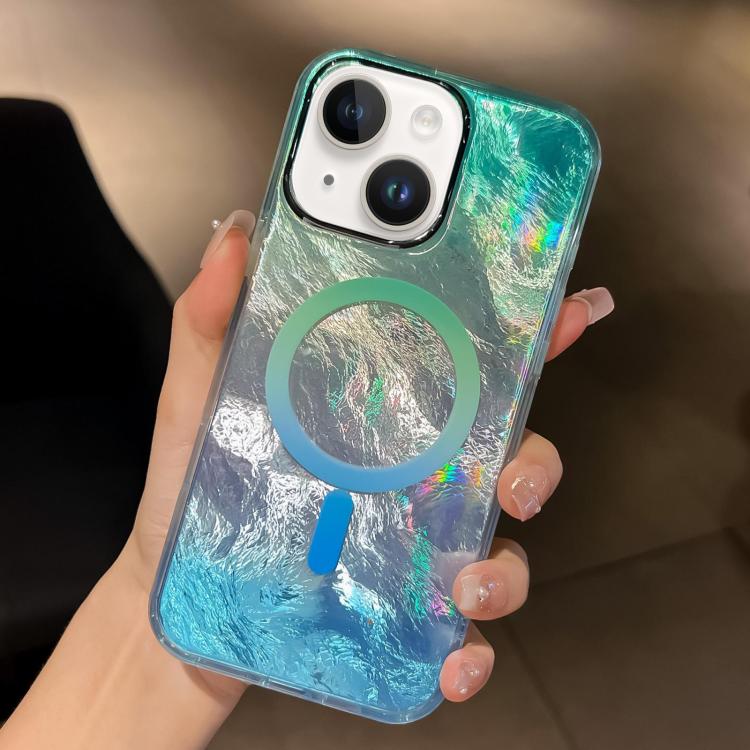 

For iPhone 14 Plating Gradient Glacier Texture MagSafe Phone Case(Silver Blue)