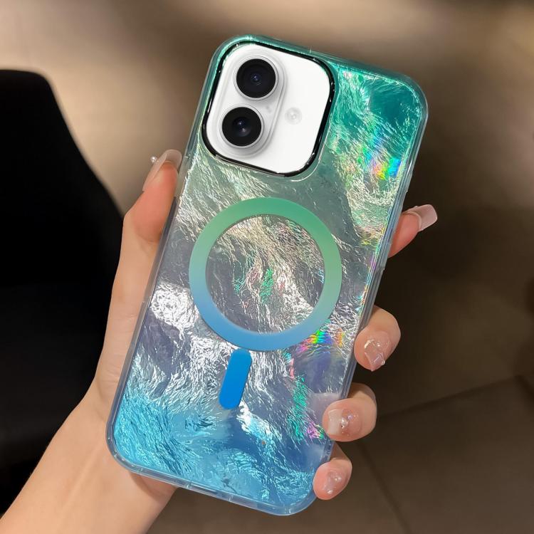 

For iPhone 16 Plus Plating Gradient Glacier Texture MagSafe Phone Case(Silver Blue)