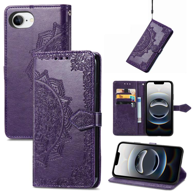 

For iPhone 16e Mandala Flower Embossed Leather Phone Case(Purple)