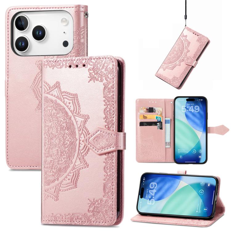 

For iPhone 17 Pro Max Mandala Flower Embossed Leather Phone Case(Rose Gold)