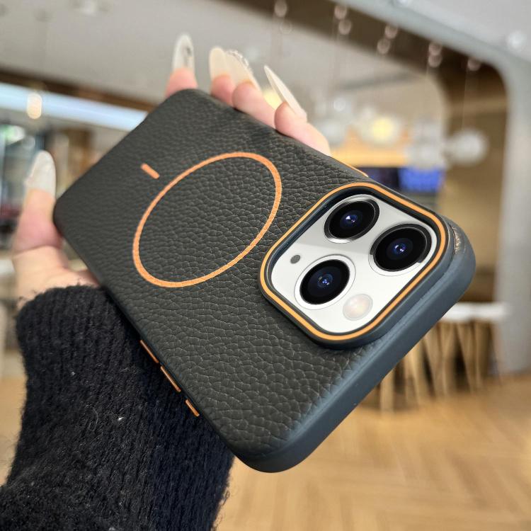 

For iPhone 11 Pro Orange Ring MagSafe Litchi Grain TPU Phone Case(Black)