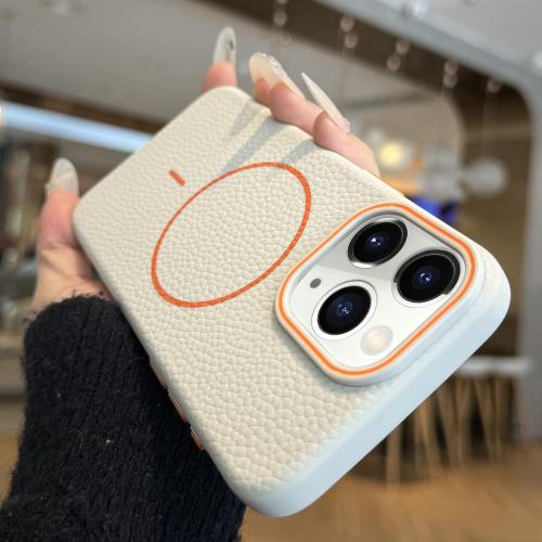 

For iPhone 11 Pro Orange Ring MagSafe Litchi Grain TPU Phone Case(White)