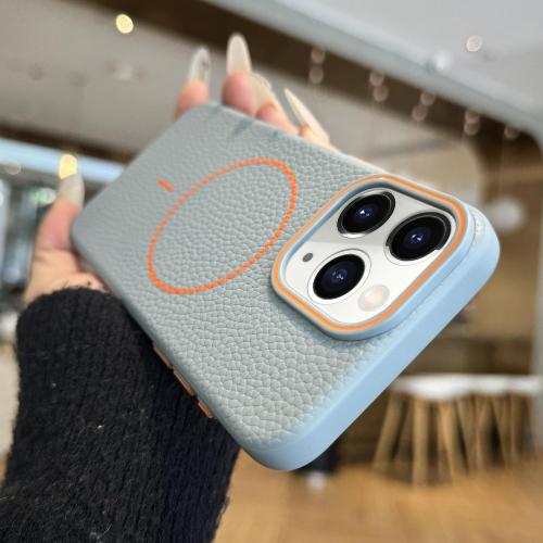 

For iPhone 11 Pro Orange Ring MagSafe Litchi Grain TPU Phone Case(Blue)