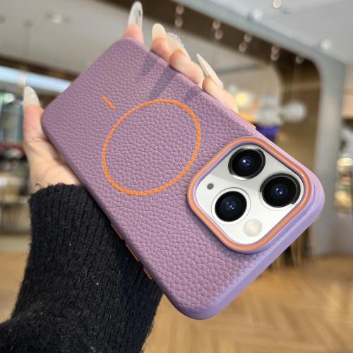 

For iPhone 11 Pro Max Orange Ring MagSafe Litchi Grain TPU Phone Case(Purple)