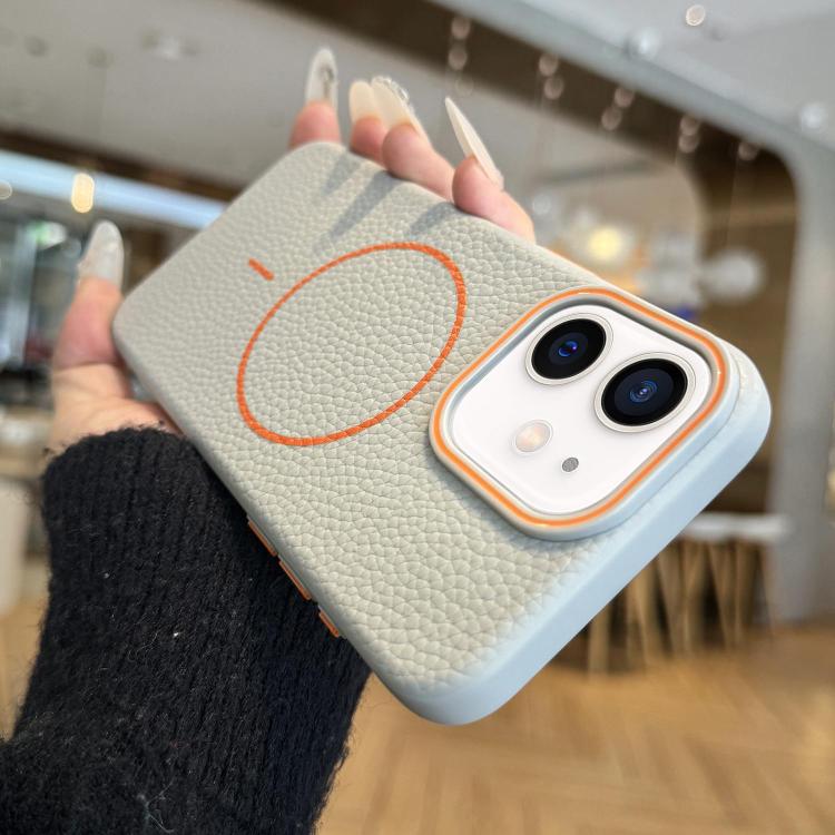 

For iPhone 12 Orange Ring MagSafe Litchi Grain TPU Phone Case(Gray)