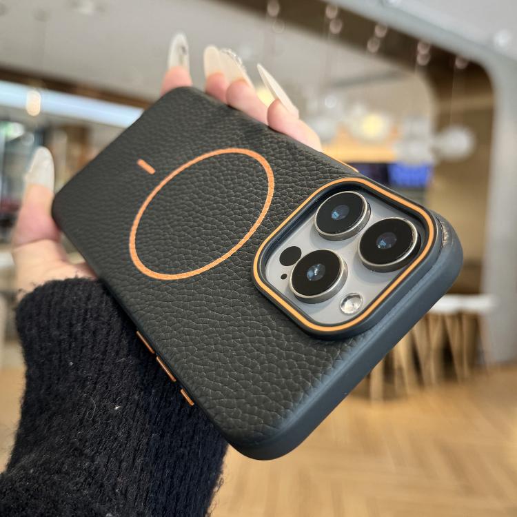 

For iPhone 12 Pro Orange Ring MagSafe Litchi Grain TPU Phone Case(Black)