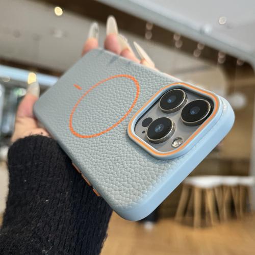 

For iPhone 12 Pro Max Orange Ring MagSafe Litchi Grain TPU Phone Case(Blue)