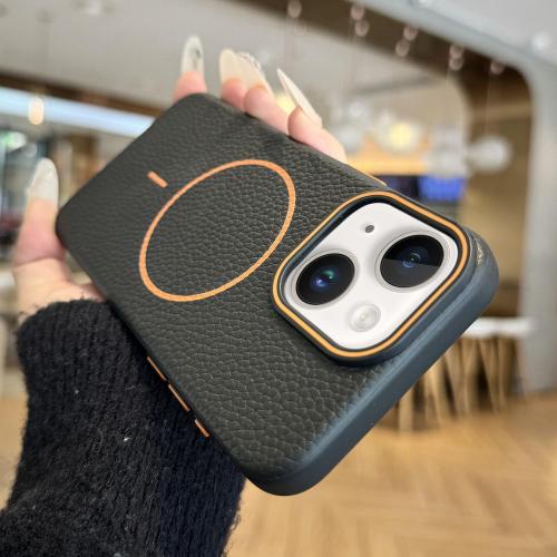 

For iPhone 13 Orange Ring MagSafe Litchi Grain TPU Phone Case(Black)