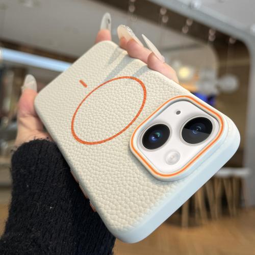 

For iPhone 13 Orange Ring MagSafe Litchi Grain TPU Phone Case(White)